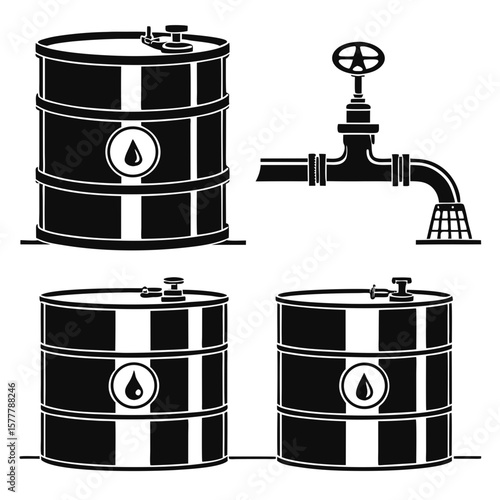 Black oil barrels and pipeline valve industrial black and white