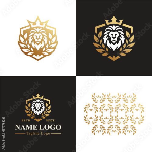 Lion Head Emblem in Shield with Laurel and Crown - Elegant Gold Silhouette Logo Set