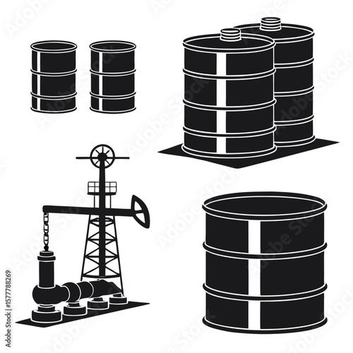 Black oil barrels and pumpjack silhouettes oil industry