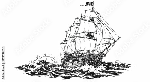 Illustration of a pirate ship sailing on a rough sea with skull flag
