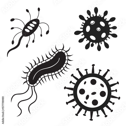 Black silhouette bacteria and viruses microscopic cells