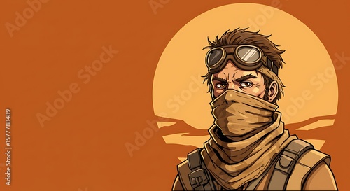 A determined man with goggles and a face covering stands in a desert scene.