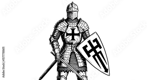 A knight in full armor holding a shield and sword in black and white art