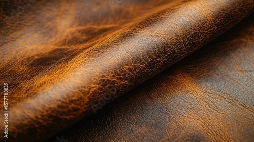 Close-up view of rich, warm brown leather.  Detailed texture and folds