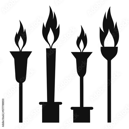 Black silhouettes of torches and candles with flames