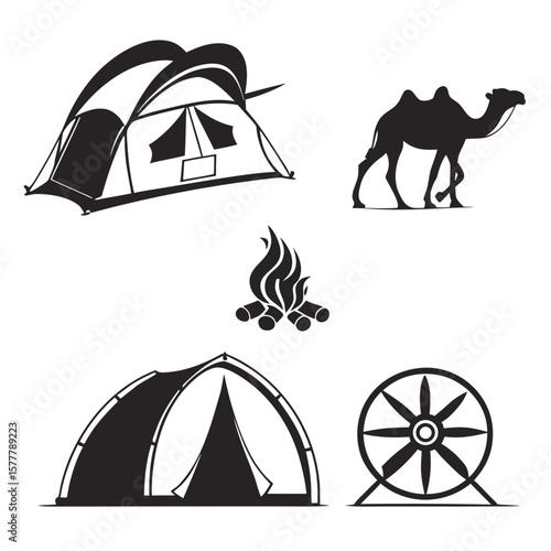 Camping and desert travel icons tent camel
