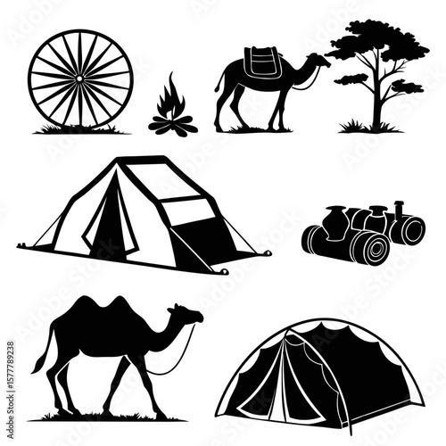 Caravan travel scene silhouettes tent