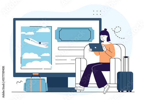 Woman booking flight online at home. Vector illustration