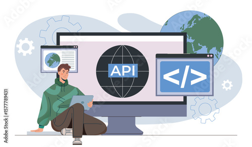 Developer using API coding interface. Vector illustration
