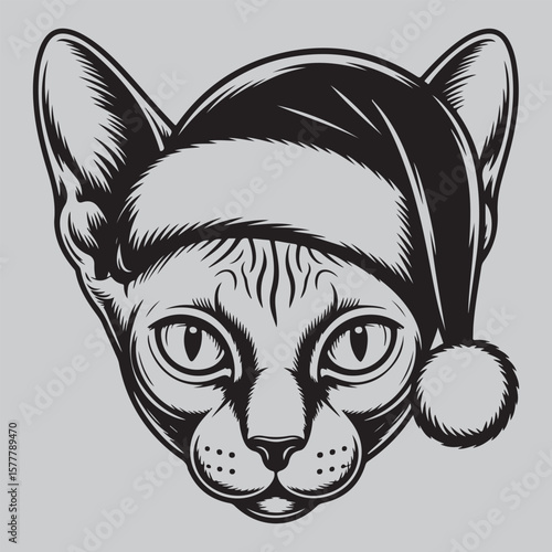 Festive Sphynx Cat in Santa Hat Vector Graphic for Holiday Designs