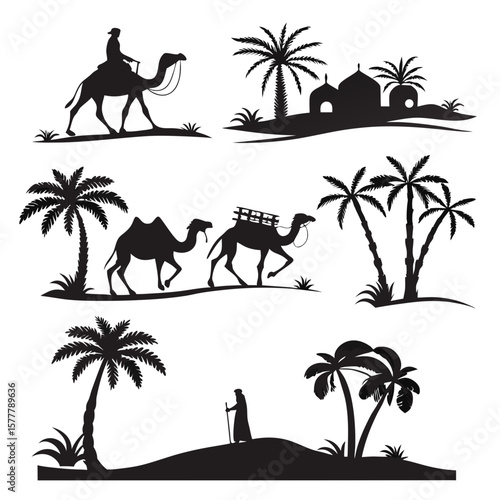 Desert caravan palm oasis silhouettes camel rider