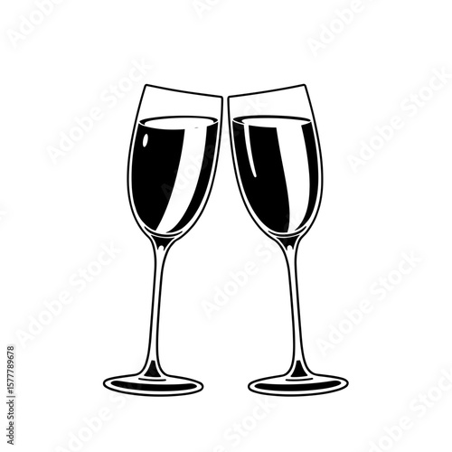 Elegant champagne flutes clinking together, celebratory and classy mood, minimalist design on white background