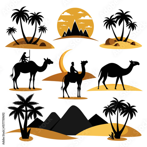 Desert oasis palm trees and camels silhouettes
