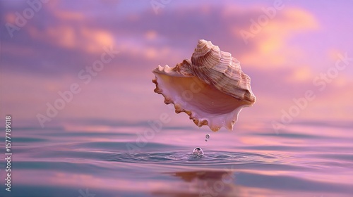 Wallpaper Mural Floating Seashell Casting Shadow on Ocean – Dreamy Surreal Composition with Pastel Sunset Sky and Gentle Ripples Torontodigital.ca
