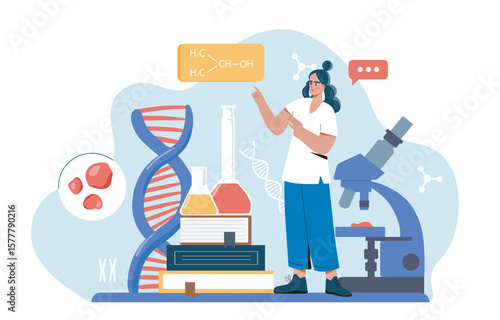 Female scientist with lab equipment and DNA.. Vector illustration