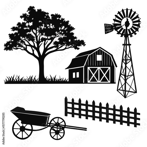 Farm scene elements silhouettes barn windmill