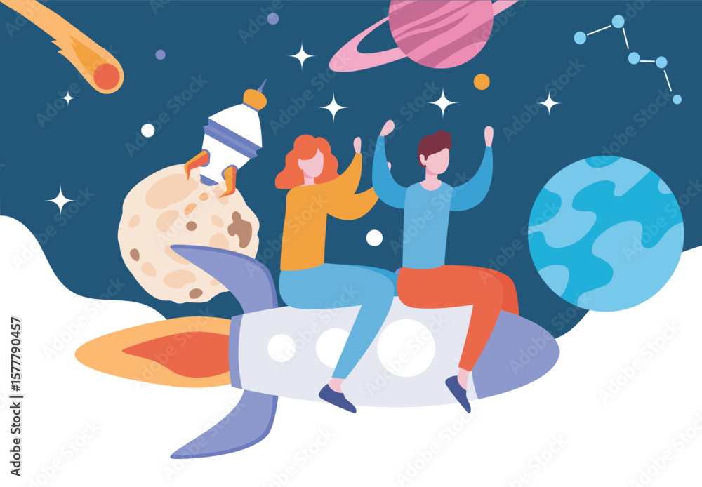 Naklejka premium Couple riding rocket in space fantasy. Vector illustration
