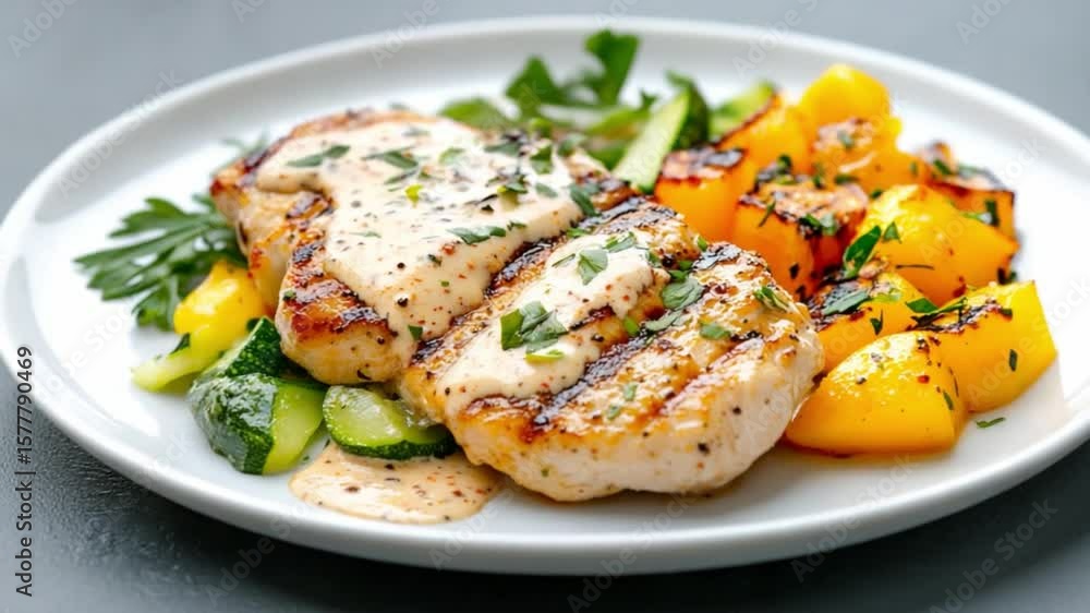 Grilled Chicken and Vegetable Plate: A culinary delight featuring perfectly grilled chicken breasts artfully presented on a pristine white plate, accompanied by vibrant, freshly prepared vegetables. Grilled Chicken and Vegetable Plate: A culinary delight featuring perfectly grilled chicken breasts artfully presented on a pristine white plate, accompanied by vibrant, freshly prepared vegetables.