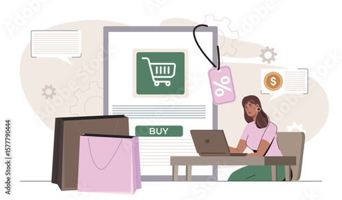Woman shopping online with discount tag. Vector illustration