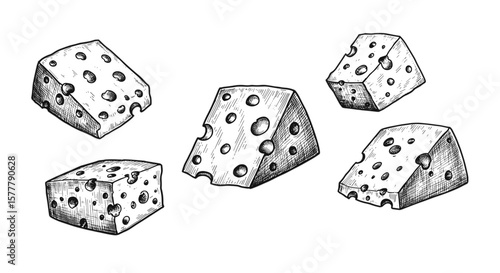 Vintage ink sketch of levitating cheese in the air, hand drawn black and white vector illustration engraving svg and png
