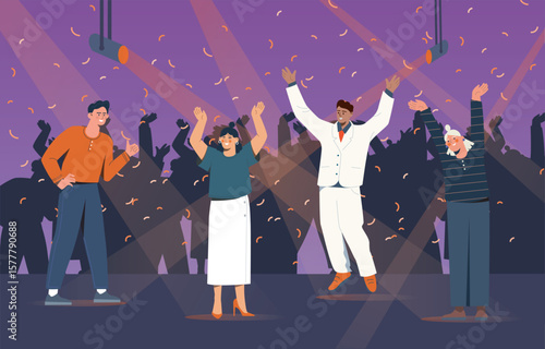 People dancing at night party event. Vector illustration
