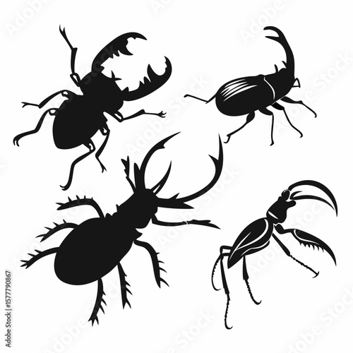 Four black beetle silhouettes with prominent mandibles