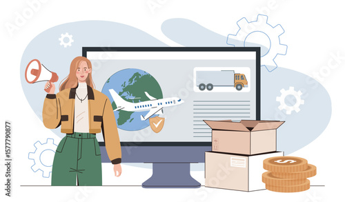 Woman promoting global logistics online. Vector illustration