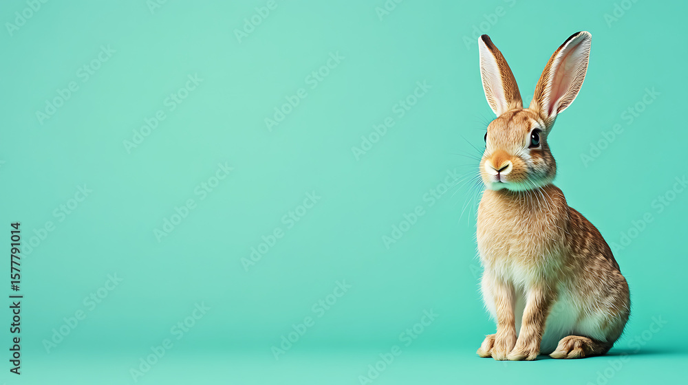 Fototapeta premium A cute rabbit sitting on a vibrant turquoise background, showcasing its fluffy fur and attentive expression