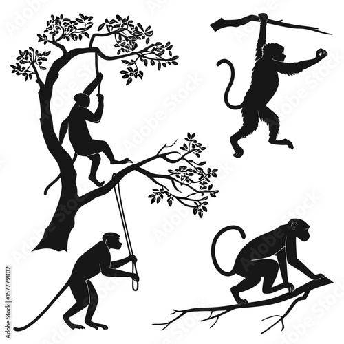 Four black monkey silhouettes swinging and climbing trees