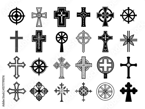 
A grid of minimalist Christian cross icons in black silhouette. Each cross features clean lines and subtle variations in shape, presented on a white background. The designs include Latin, Greek, Celt