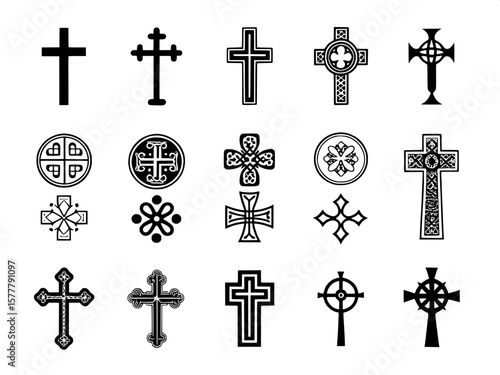 
A grid of minimalist Christian cross icons in black silhouette. Each cross features clean lines and subtle variations in shape, presented on a white background. The designs include Latin, Greek, Celt
