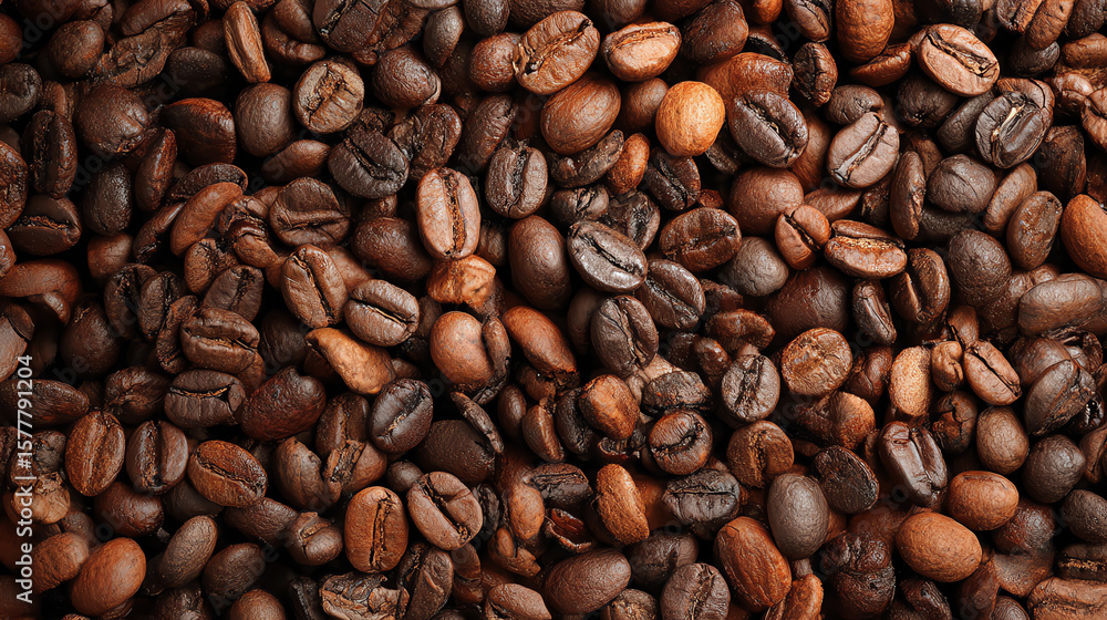 Naklejka premium Close-up of roasted coffee beans showcasing a variety of shades and textures, perfect for coffee lovers and culinary enthusiasts.