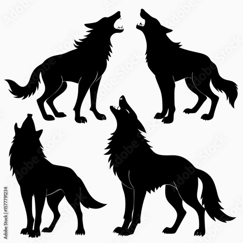 Four black wolf silhouettes howling animal