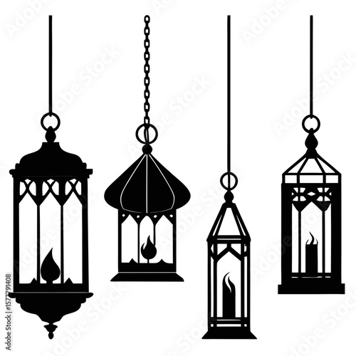 Four ornate hanging lanterns with flickering flames