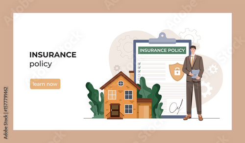 Insurance policy with house and agent. Vector illustration