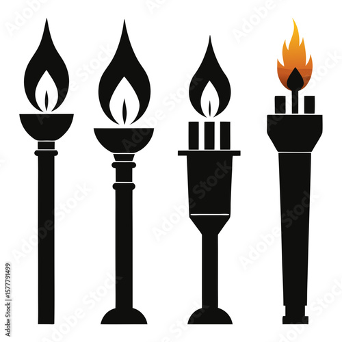 Four torch and candle silhouettes with flames fire