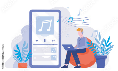 Man listening to music on laptop. Vector illustration