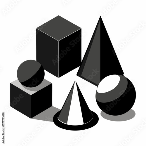 Geometric Shapes Composition Black White abstract cube