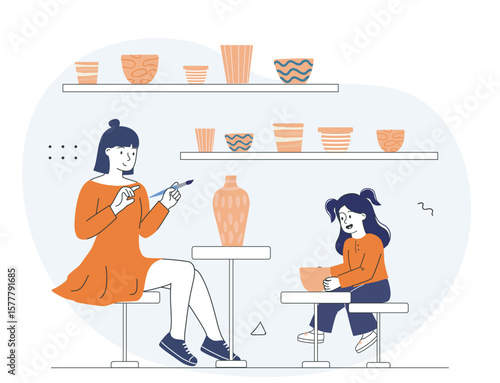 Pottery class with woman and child. Vector illustration