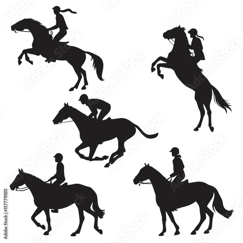 Horse riders in various dynamic poses silhouette black