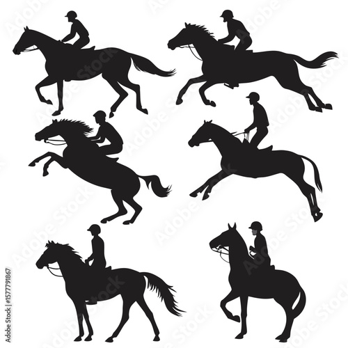 Horse rider silhouettes galloping prancing standing