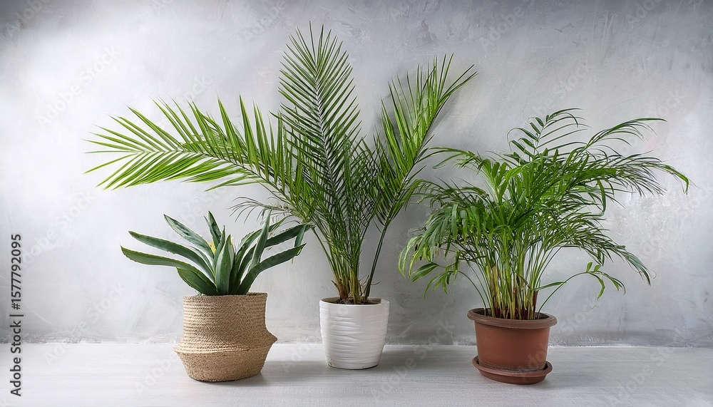 Fototapeta premium vase and interior plants pots on the white background house plants in different pots on the background of a gray concrete wall sansevieria succulents hamedorea or areca palm