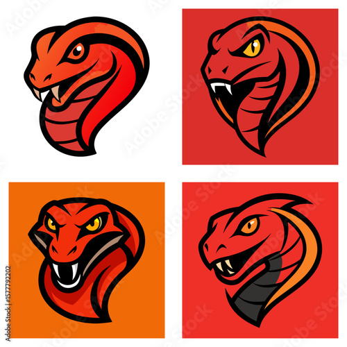 Four images of red cobra heads with black outlines in different styles and backgrounds shown here