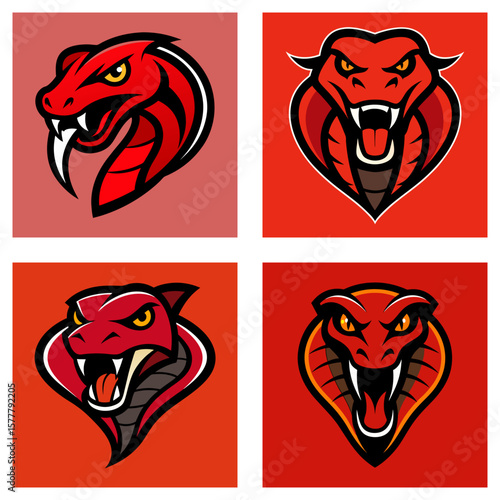Collection of four square images featuring red cobra heads with aggressive expressions and sharp fangs shown