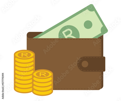 Vector wallet with South African rand currency and coin stack, perfect financial design for African economy, banking interface, or fintech visuals