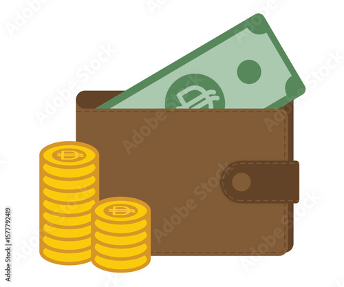 Brown wallet with UAE dirham banknotes and coin stack, flat vector illustration for financial apps, currency visuals, and Middle Eastern economic content