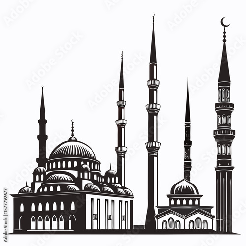 Islamic mosque minarets and domes silhouette Islamic architecture