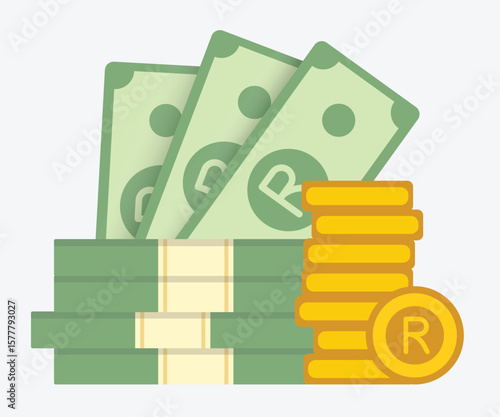 Flat vector of South African rand banknotes with coin stack, currency bundle illustration for African financial design, economic dashboard, and money-related graphics