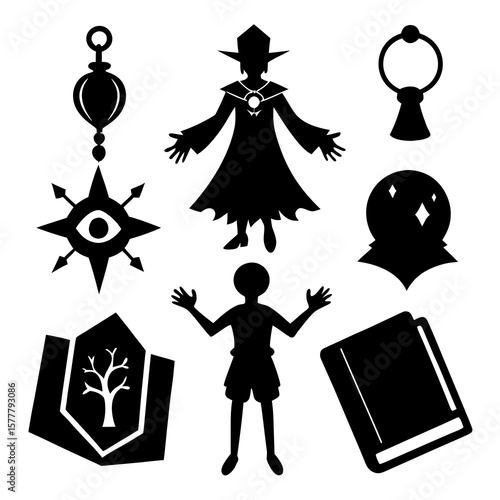 Magical symbols and figures silhouettes spellbook charm