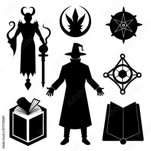 Magical figures and symbols black silhouettes wizard